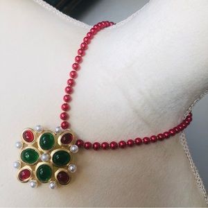 Handcrafted repurpose cabochon glass stone pendant Czech glass Pearl necklace